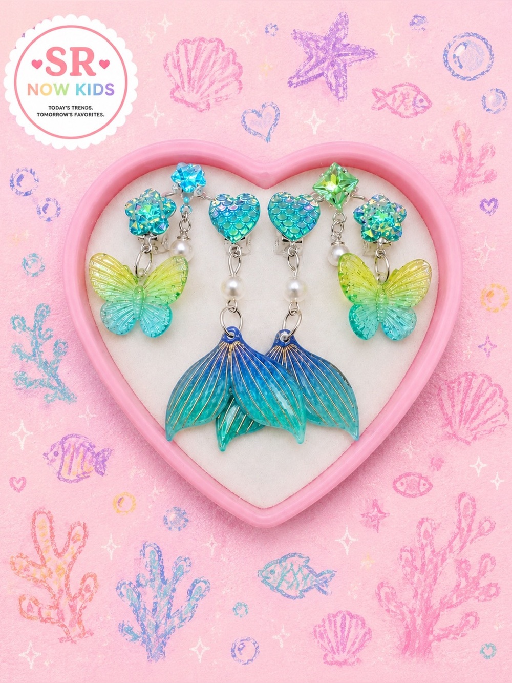 Girls Mermaid Jewelry Set Clip On Earrings Adjustable Rings Gift Mermaid Tail